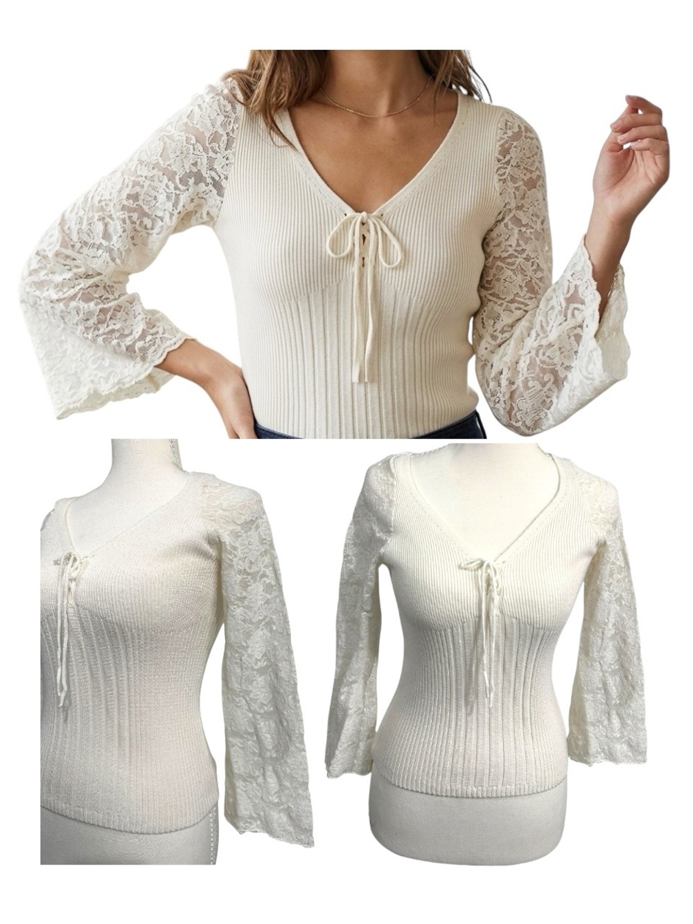Vintage XOXO Y2K Coquette Knit Lace Bell Sleeve Tie Bow Front Top Cream White S